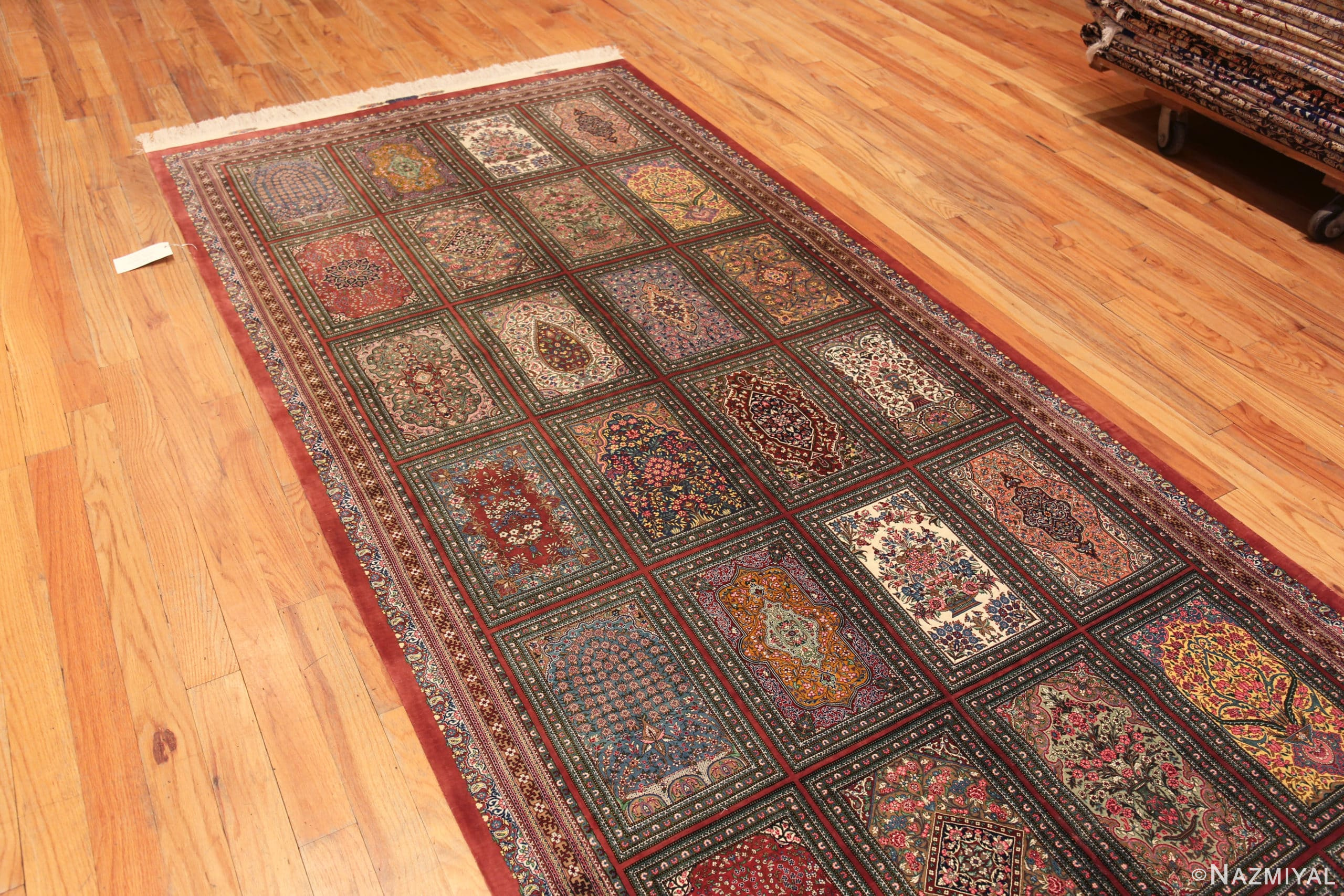 Whole View of Fine Floral Long Narrow Gallery Size Vintage Luxury Persian Silk Qum Rug 72744 by Nazmiyal Antique Rugs