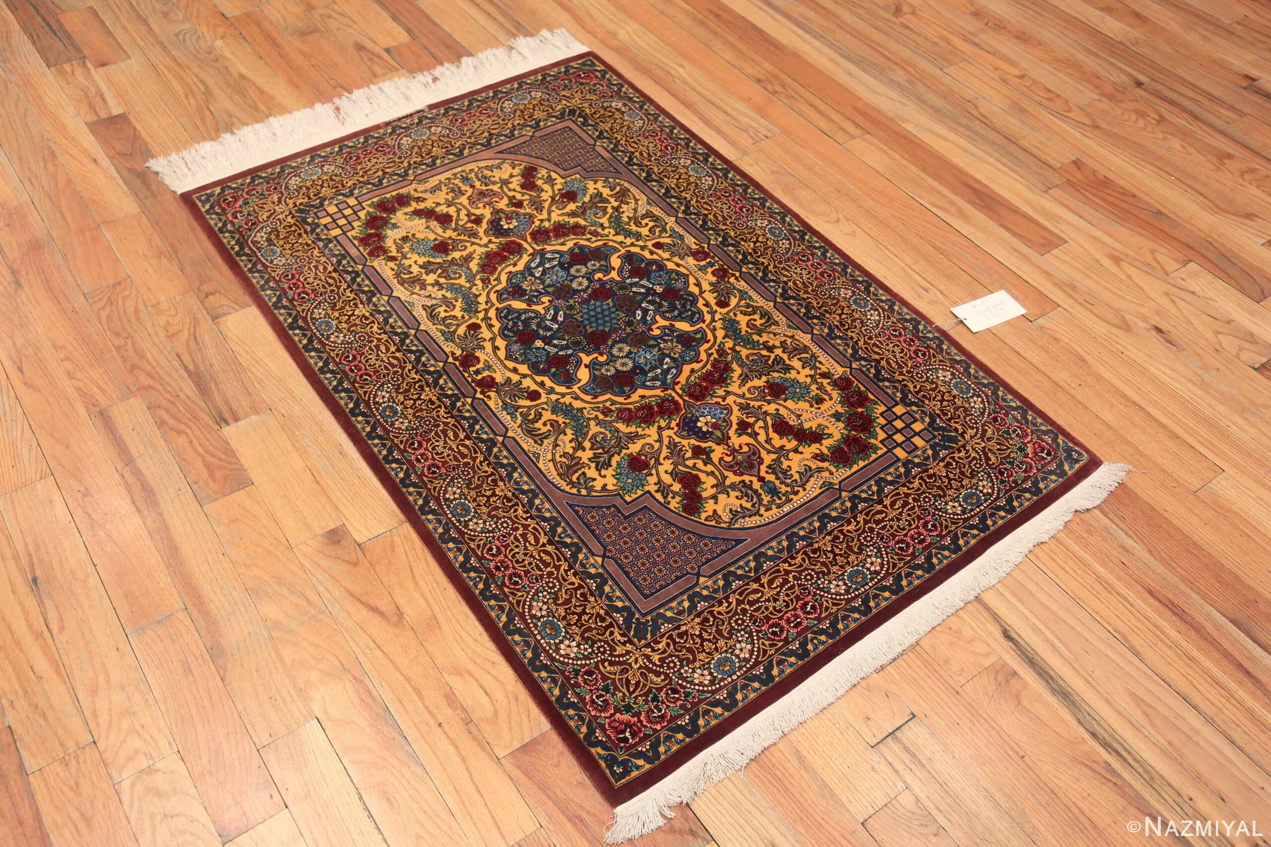 Whole View of Fine Small Artistic Gold Color Luxurious Vintage Persian Silk Qum Rug 72773 by Nazmiyal Antique Rugs