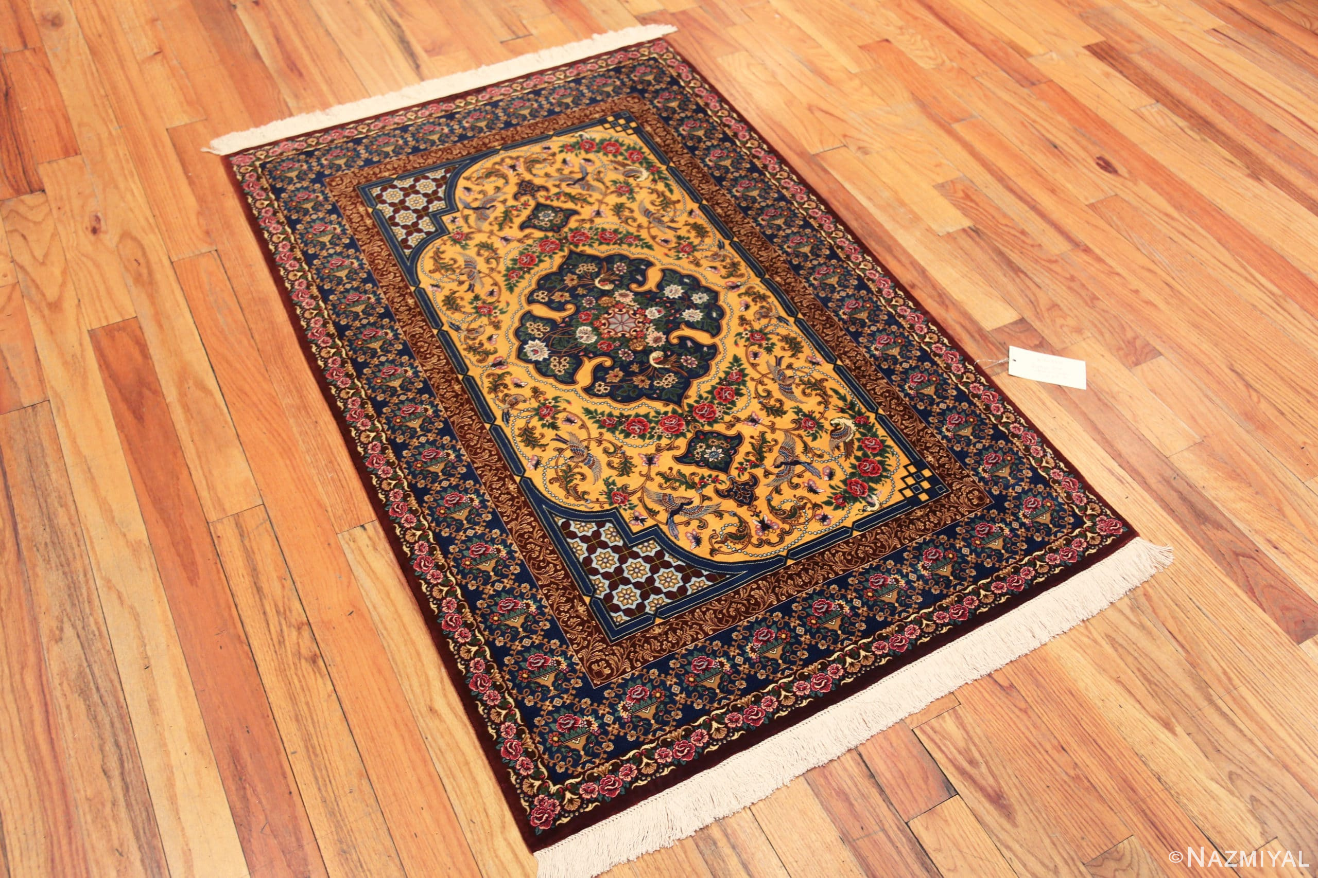 Whole View of Fine Small Luxurious Silk Pile Gold Color Vintage Persian Qum Rug 72772 by Nazmiyal Antique Rugs