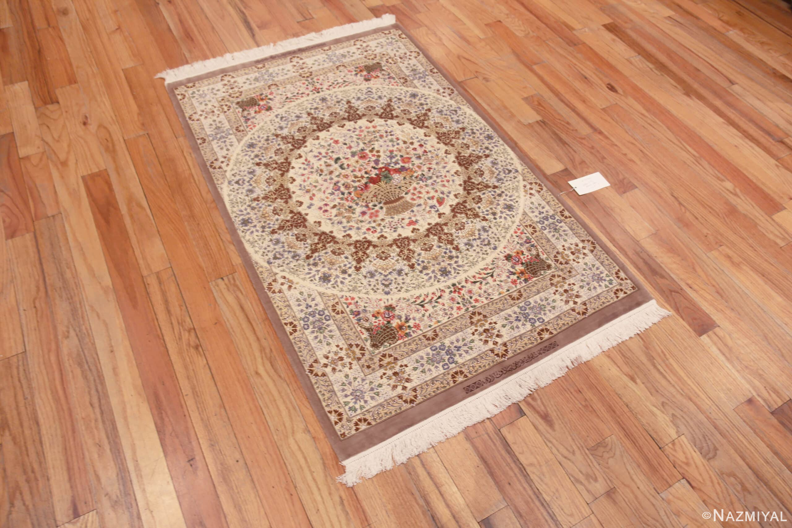 Whole View of Luxurious Small Size Fine Weave Artistic Floral Design Vintage Persian Silk Qum Rug 72766 by Nazmiyal Antique Rugs