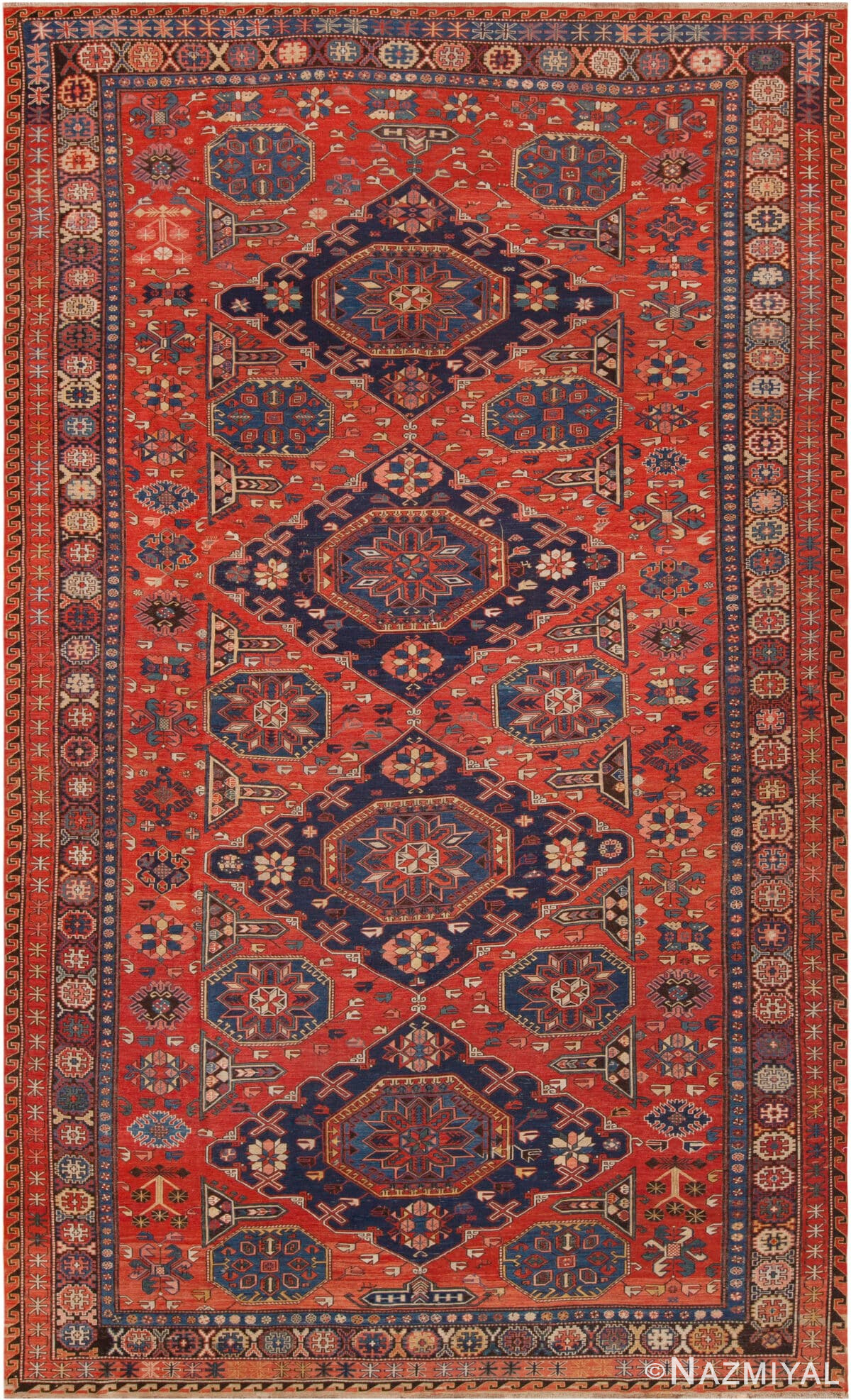 Captivating Rare Room Size Classic Red and Blue Color Tribal Antique Caucasian Flatweave Soumak Kilim Rug 72667 at Nazmiyal Antique Rugs
