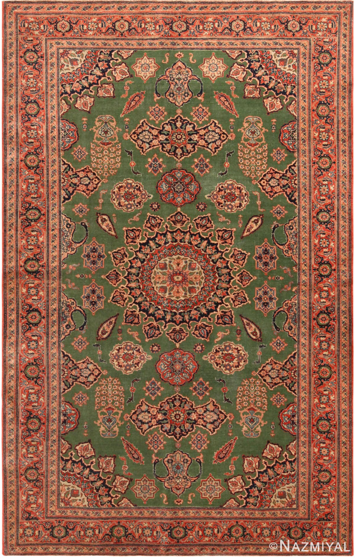 Green Background Antique Persian Tabriz Rug 72470 by Nazmiyal Antique Rugs
