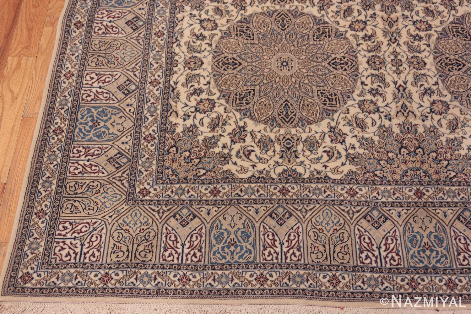 Corner of Classic Ivory and Blue Fine Silk and Wool Vintage Persian Nain Rug 72463 by Nazmiyal Antique Rugs
