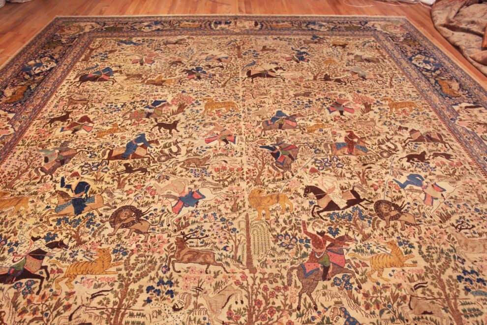 Antique Persian Tabriz Hunting Scene Rug by Nazmiyal Rugs