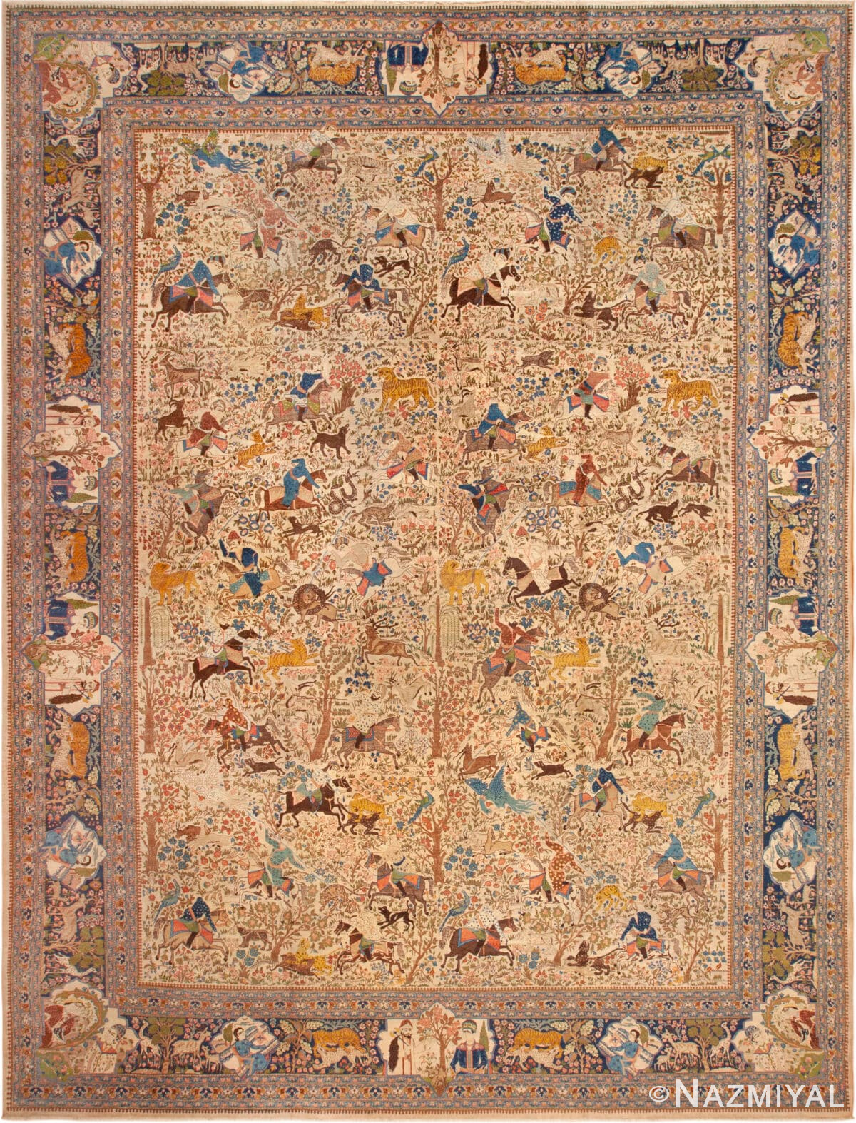 Fine Large Antique Persian Tabriz Hunting Scene Rug 72897 by Nazmiyal Antique Rugs