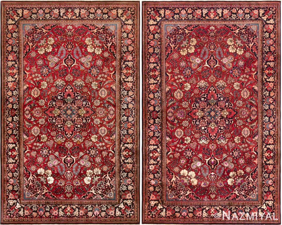 Pair Of Vintage Silk And Wool Persian Kashan Rugs 73041 73042 by Nazmiyal Antique Rugs