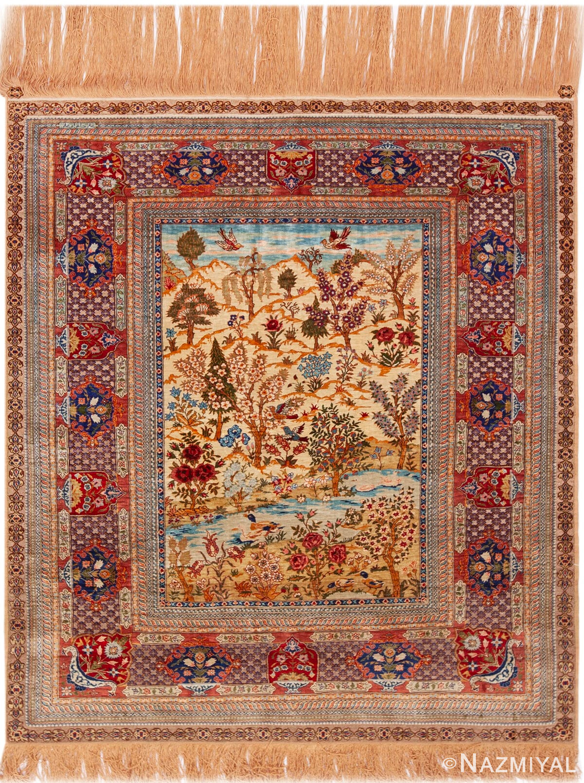 Fine Vintage Turkish Hereke Silk & Metallic Thread Nature Scene Rug 73143 by Nazmiyal Antique Rugs