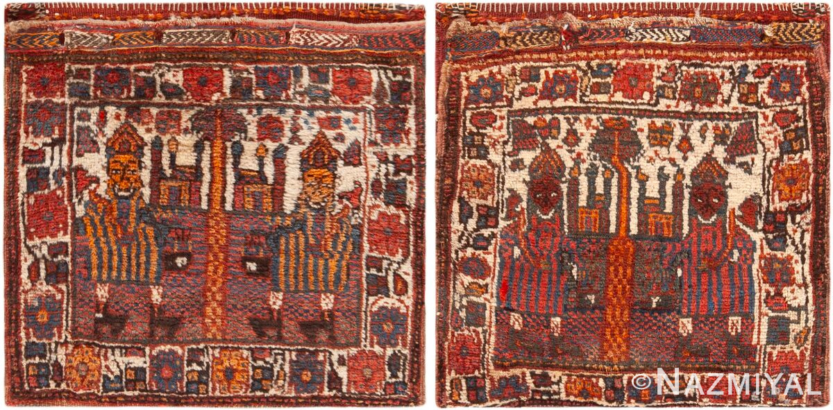 Pair Of Pictorial Antique Persian Afshar Tribal Bags 73114 by Nazmiyal Antique Rugs