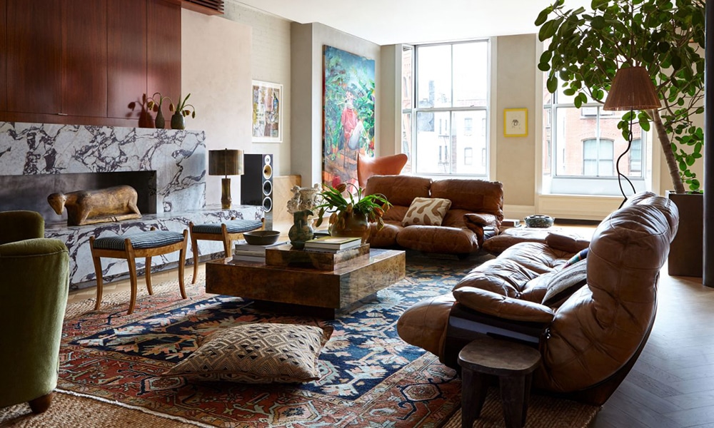 Antique Persian Heriz Serapi In Modernist Living Room by Benjamin Vandiver Antique Persian Heriz Serapi In Modernist Living Room by Benjamin Vandiver