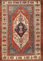 Tribal Ivory Cream Background Antique Blue Medallion Pattern Persian Heriz Serapi Rug 43714 by Nazmiyal Antique Rugs