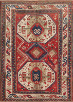 Classic Red Background Tribal Geometric Design Antique 19th Century Caucasian Kazak Rug 43276 by Nazmiyal Antique Rug