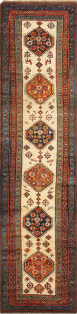 Geometric Tribal Design Ivory Field Antique Persian Serab Hallway Runner Rug 43978 by Nazmiyal Antique Rugs