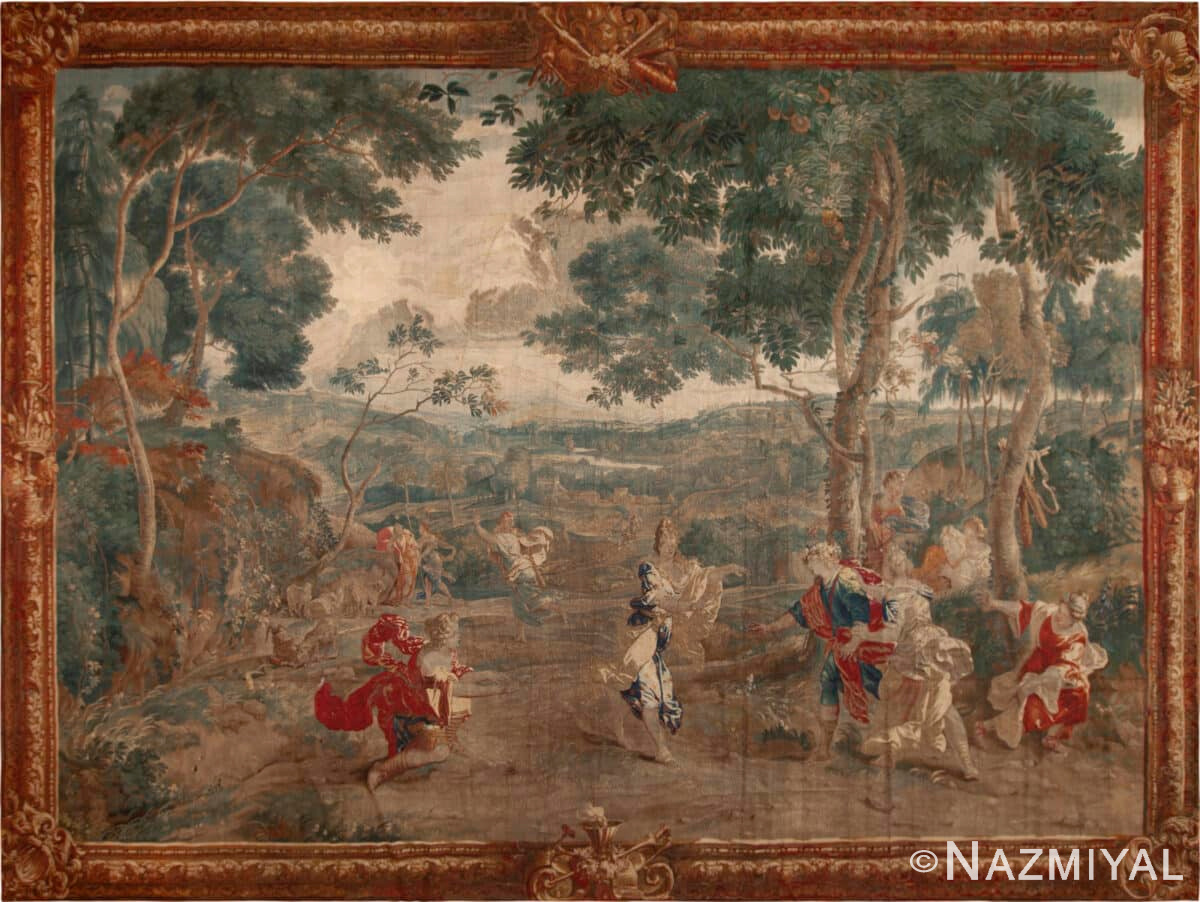 17th Century Antique French Silk and Wool Renaissance Tapestry: Aristocrats at Leisure in an Idyllic Countryside Setting 73309 by Nazmiyal Antique Rugs Collection