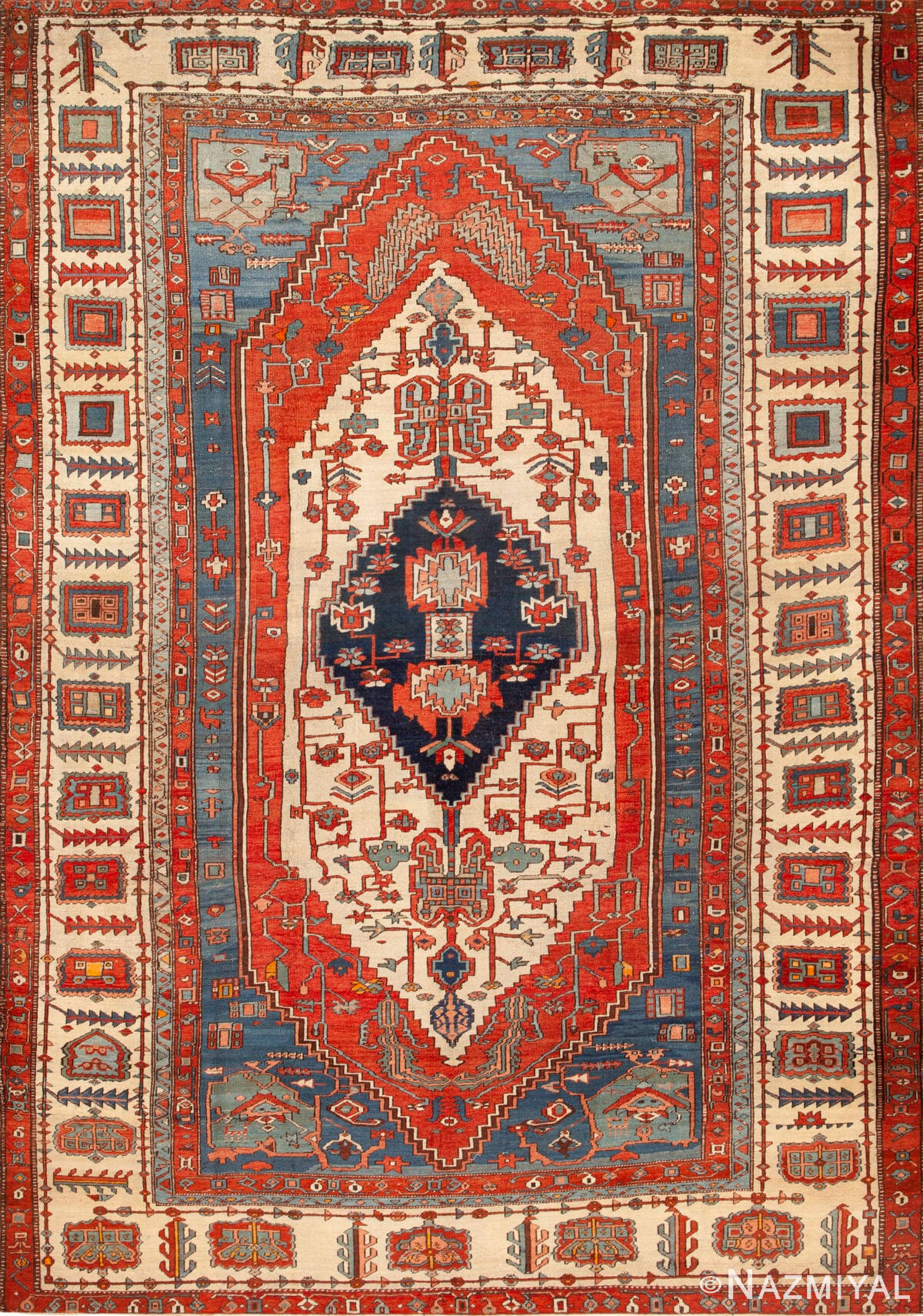 Tribal Ivory Cream Background Antique Blue Medallion Pattern Persian Heriz Serapi Rug 43714 by Nazmiyal Antique Rugs