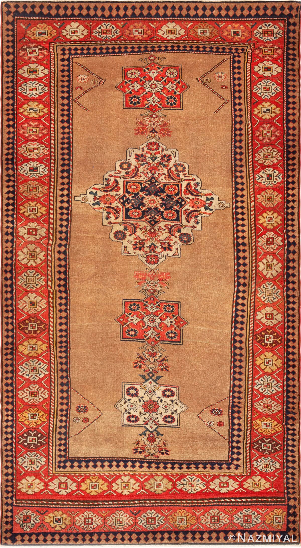 Camel Background Open Field Tribal Geometric Medallion Antique Persian Serab Carpet 43949 by Nazmiyal Antique Rugs