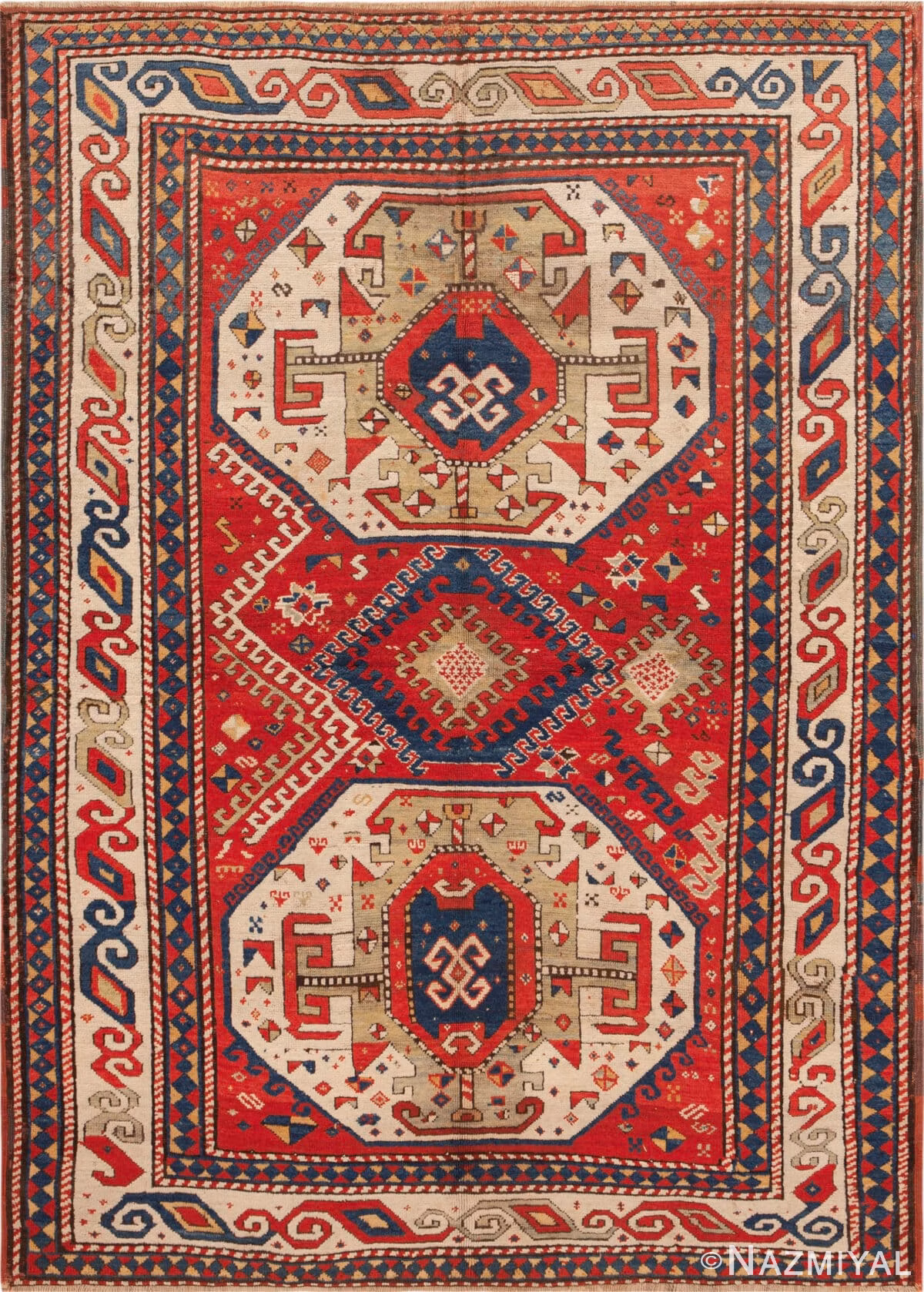 Classic Red Background Tribal Geometric Design Antique 19th Century Caucasian Kazak Rug 43276 by Nazmiyal Antique Rug