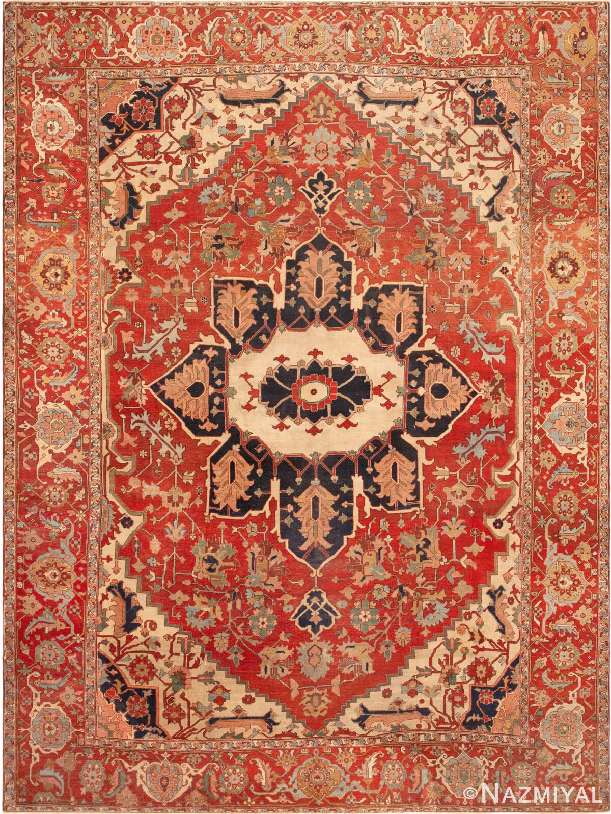 Classic Rustic Geometric Antique Persian Heriz Serapi Medallion Rug 43728 by Nazmiyal Antique Rugs