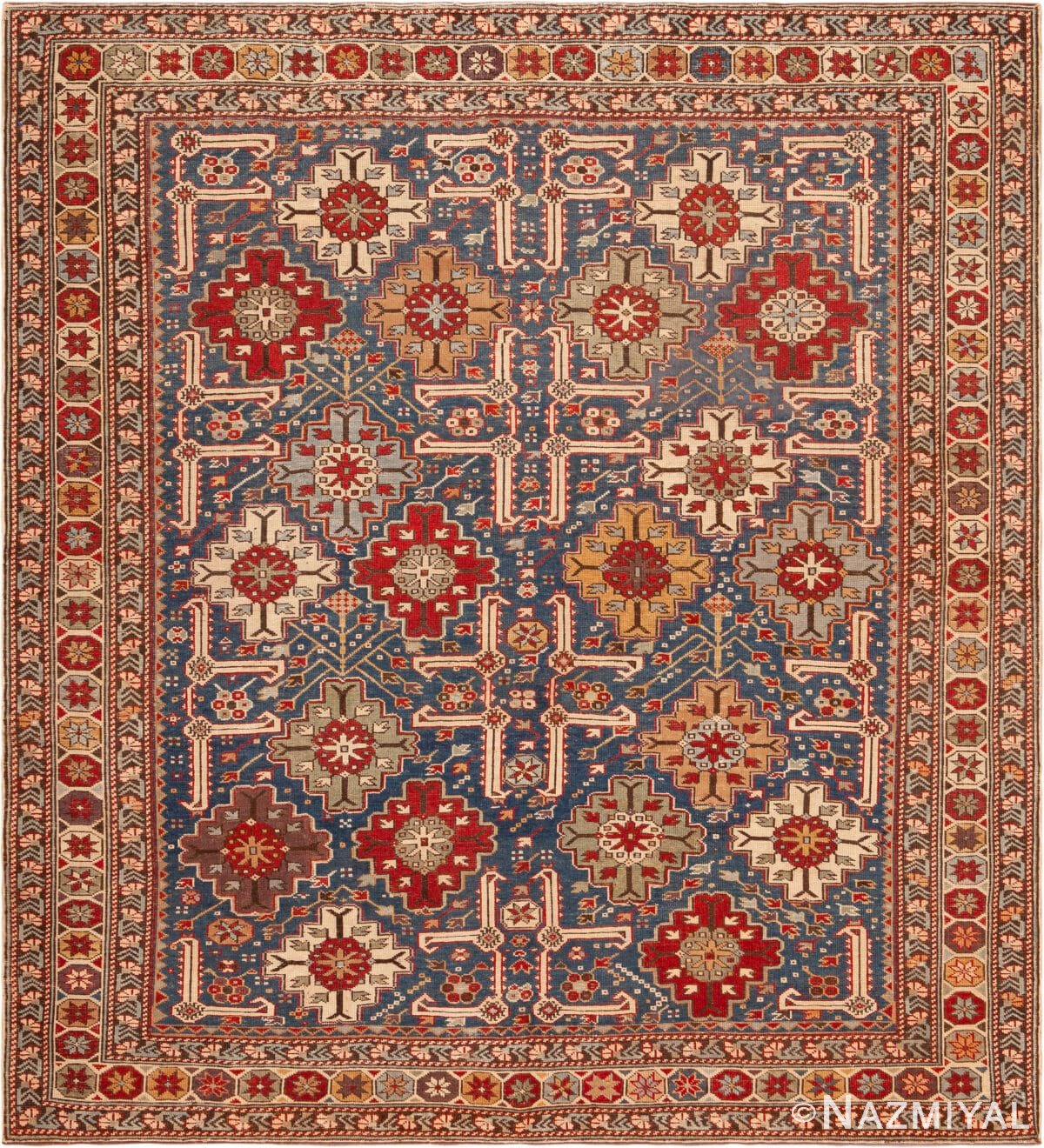Light Blue Color Square Shape Antique Tribal Geometric Caucasian Shirvan Rug 43980 by Nazmiyal Antique Rugs