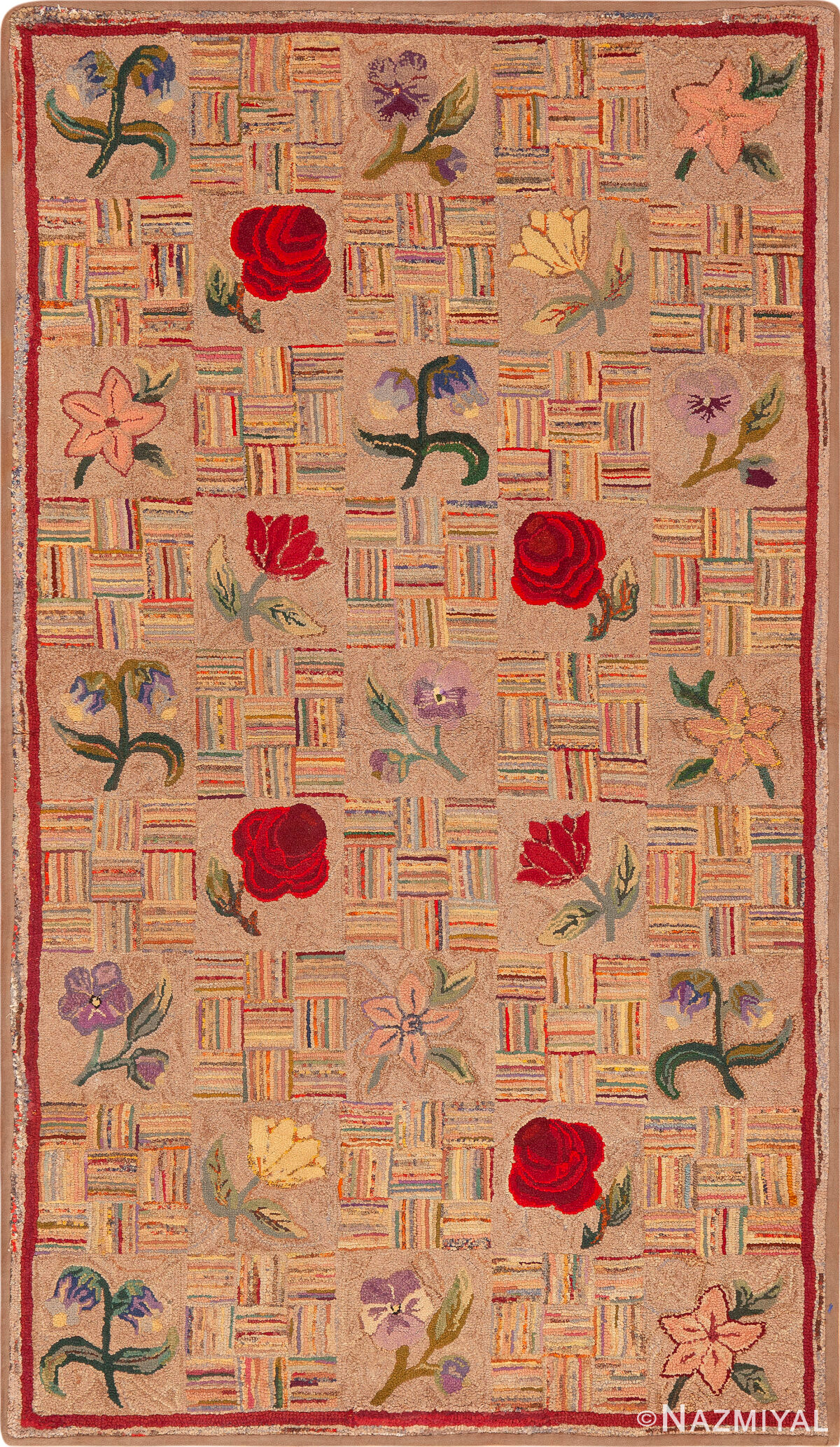 Light Color Antique American Floral Design Hooked Rug 46417 by Nazmiyal Antique Rugs
