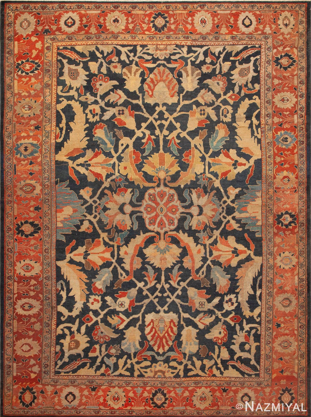 Navy Blue Background Lareg Scale Tribal Design Antique Persian 19th Century Sultanabad Rug 43325 by Nazmiyal Antique Rugs