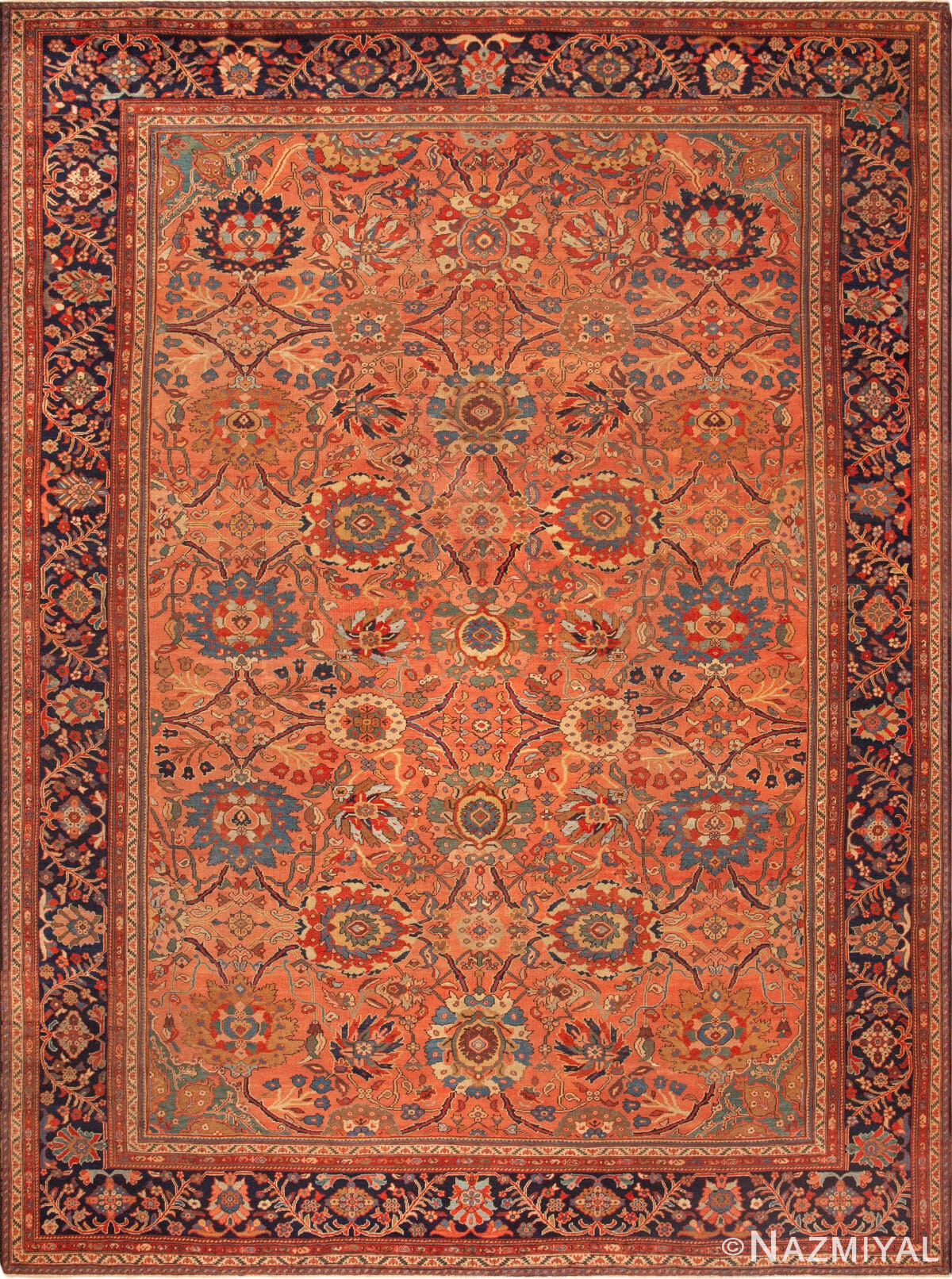 Rustic Coral Background Antique Large Scale Design Persian Sultanabad Rug 43215 by Nazmiyal Antique Rugs