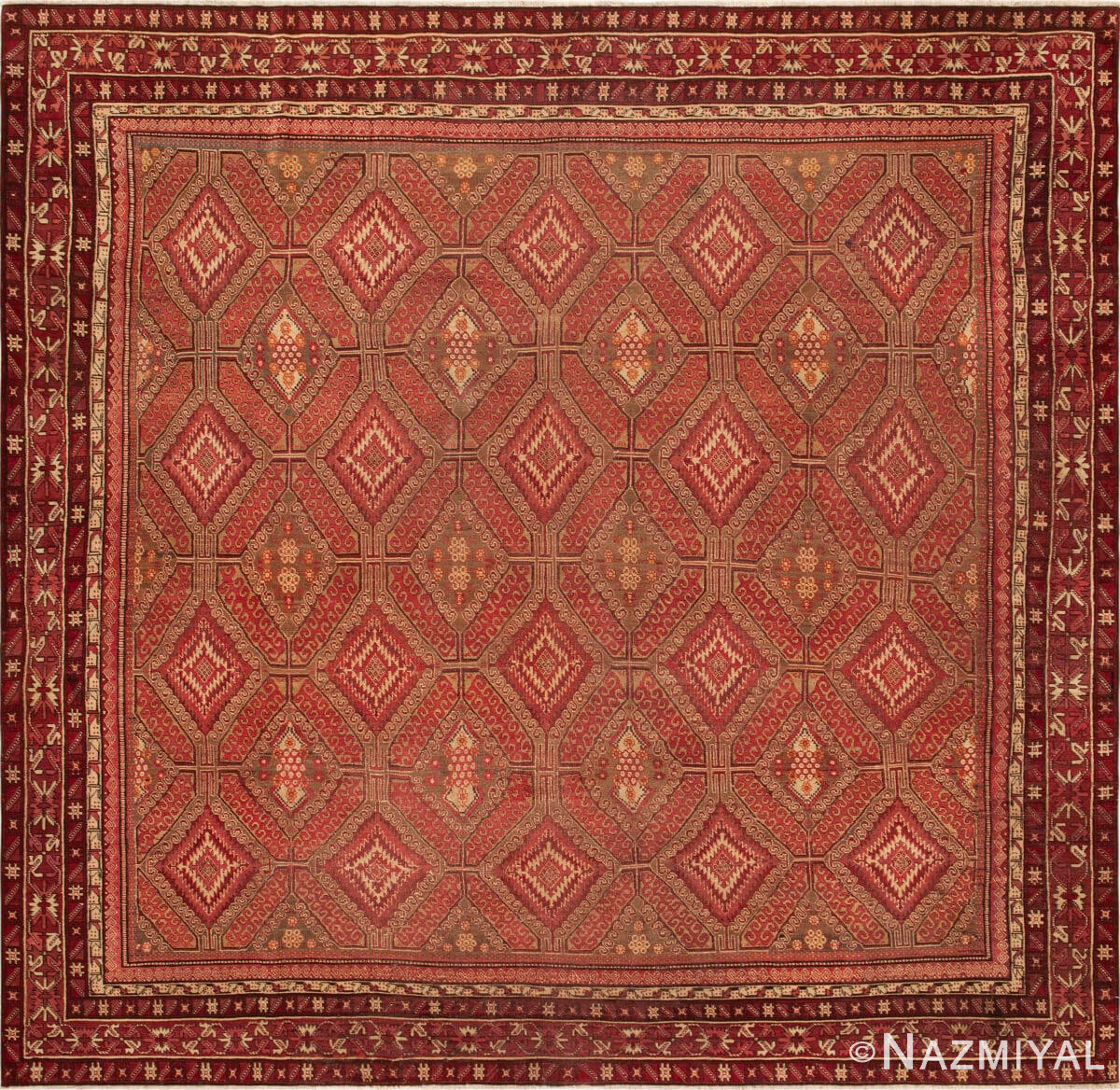 Rustic Square Shape Geometric Design Antique Indian Agra Area Rug 45477 by Nazmiyal Rugs