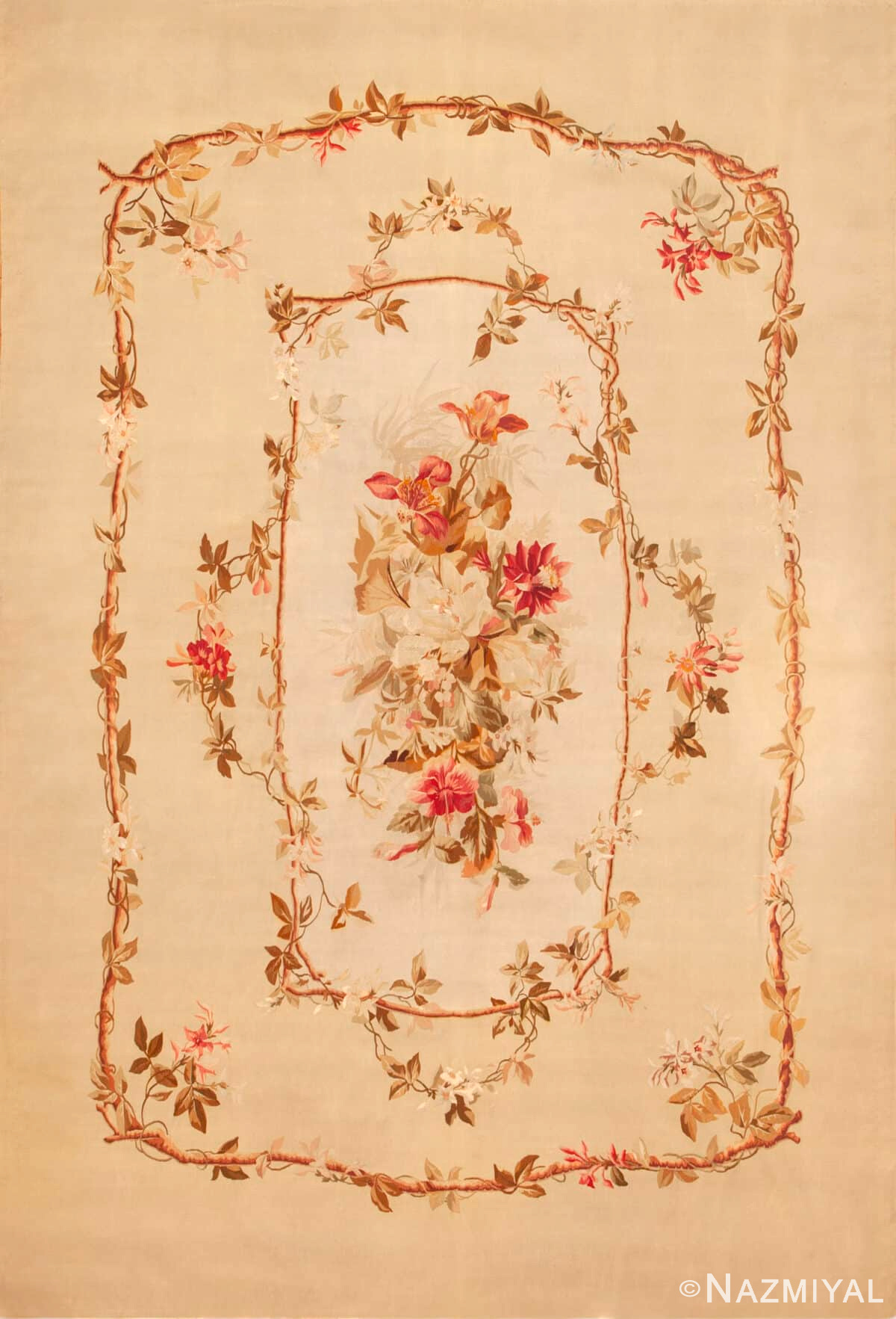 Antique French Floral Beige Rug 43802 by Nazmiyal Antique Rugs