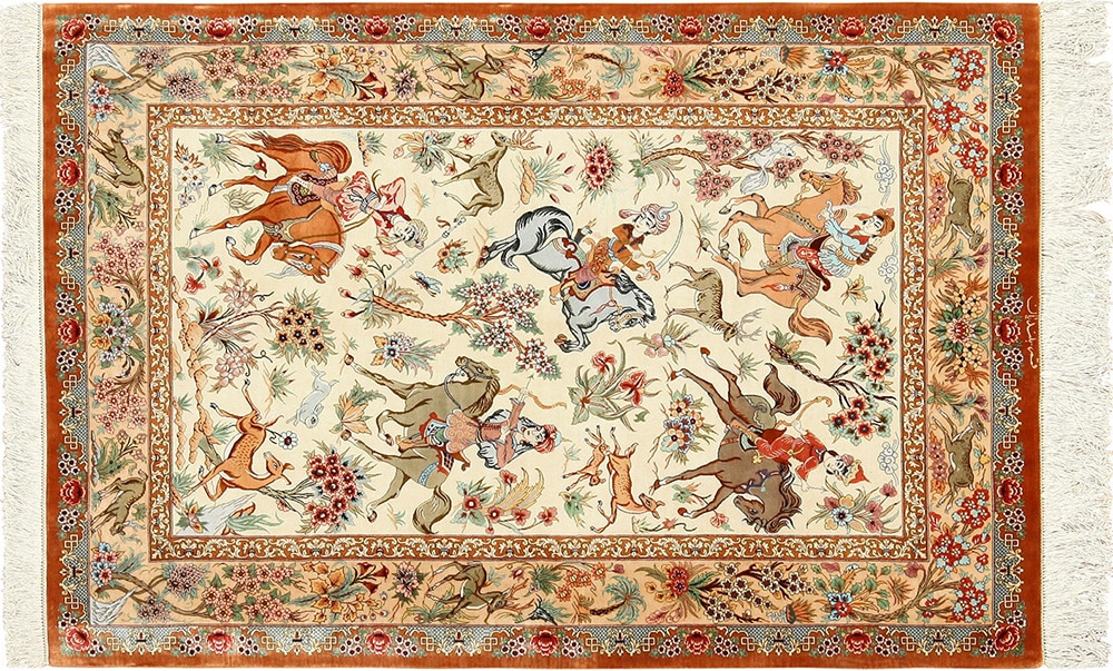 Hunting Scene Vintage Silk Qum Persian Rug 49412 by Nazmiyal Antique Rugs