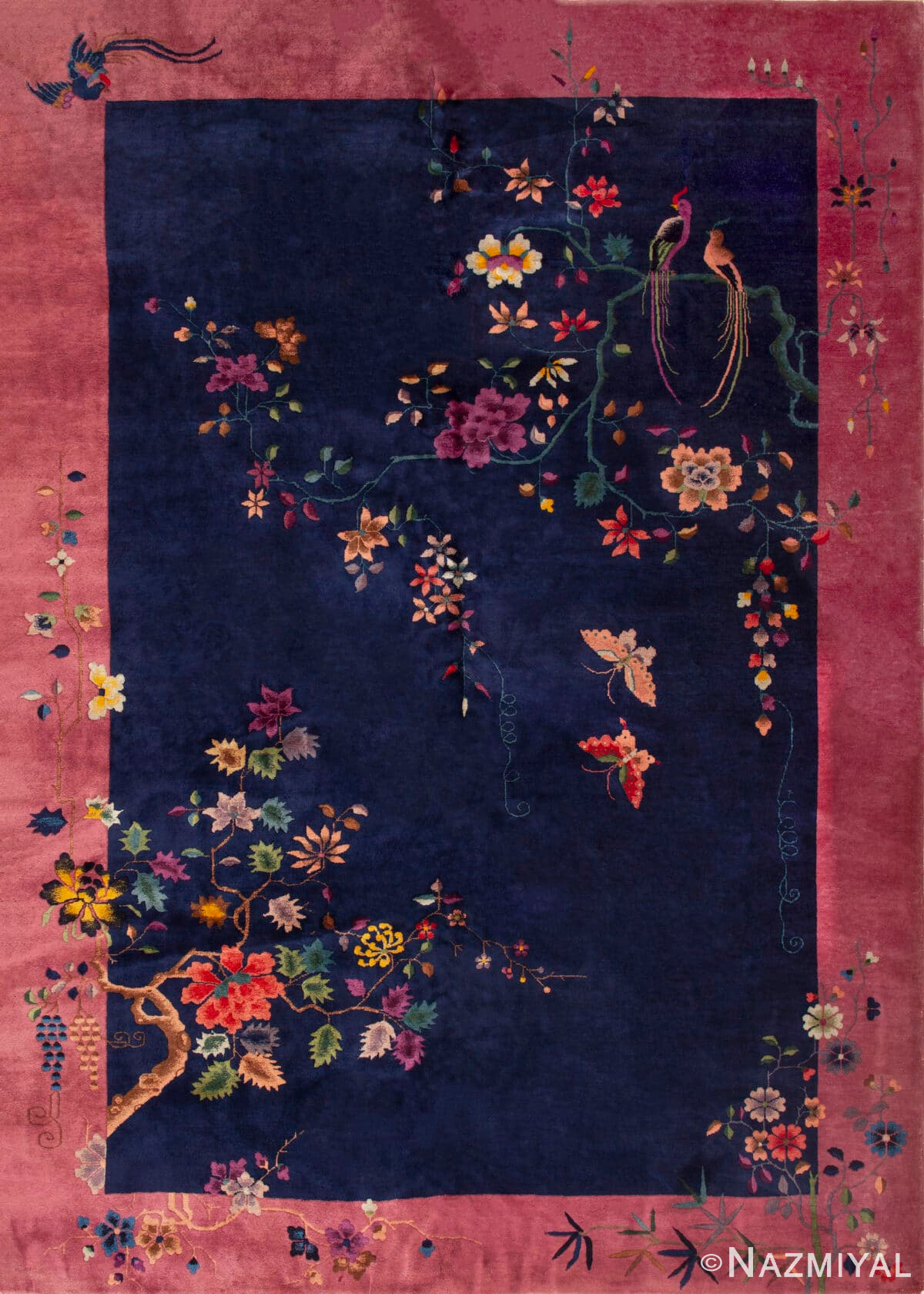 Charming Deep Navy Hue Antique Art Deco Scenic Chinese Rug 73468 by Nazmiyal Antique Rugs