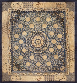 Imperial Blue and Cream Floral Artistry Rare Antique Square Chinese Rug 73513 by Nazmiyal Antique Rugs