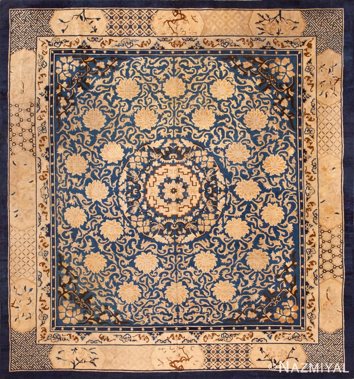 Imperial Blue and Cream Floral Artistry Rare Antique Square Chinese Rug 73513 by Nazmiyal Antique Rugs