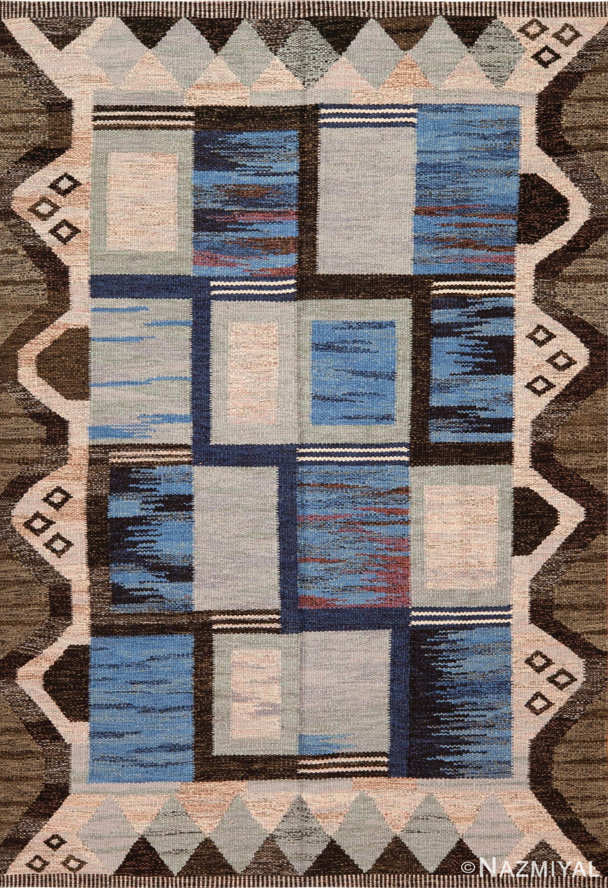 Modern Blue Geometric Swedish Kilim Rug 73496 by Nazmiyal Antique Collection