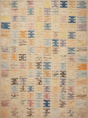 Modern Color Code Rug Handwoven Beige Ground with Vibrant Pixel Block Motifs 12275 by Nazmiyal Antique Rugs