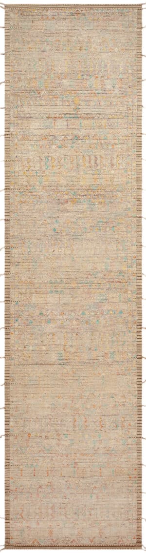 Modern Desert Glow Runner Handwoven Soft Beige with Sunny Teal and Saffron Accents 12125 by Nazmiyal Antique Rugs