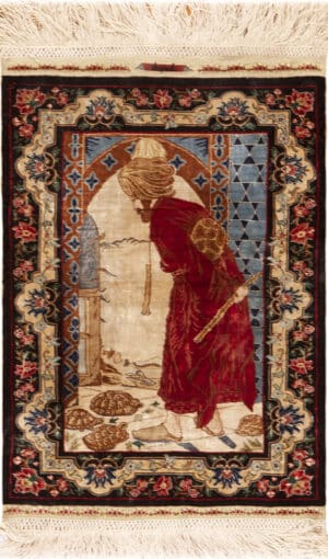 “Tortoise Trainer” by Osman Hamdi Bei - Silk Vintage Turkish Hereke Rug 73600 by Nazmiyal Antique Rugs