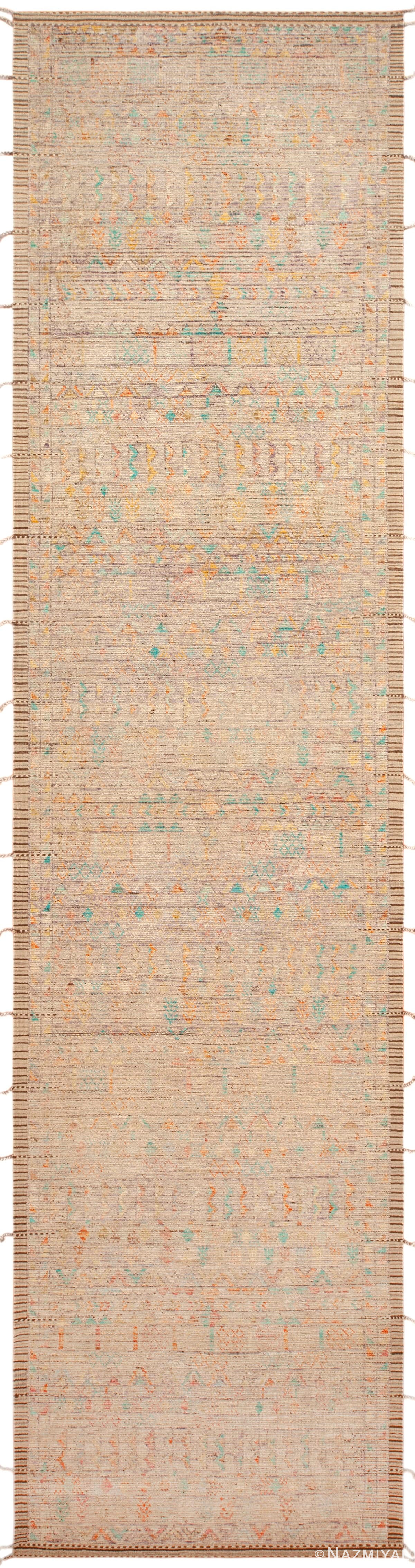 Modern Desert Glow Runner Handwoven Soft Beige with Sunny Teal and Saffron Accents 12125 by Nazmiyal Antique Rugs