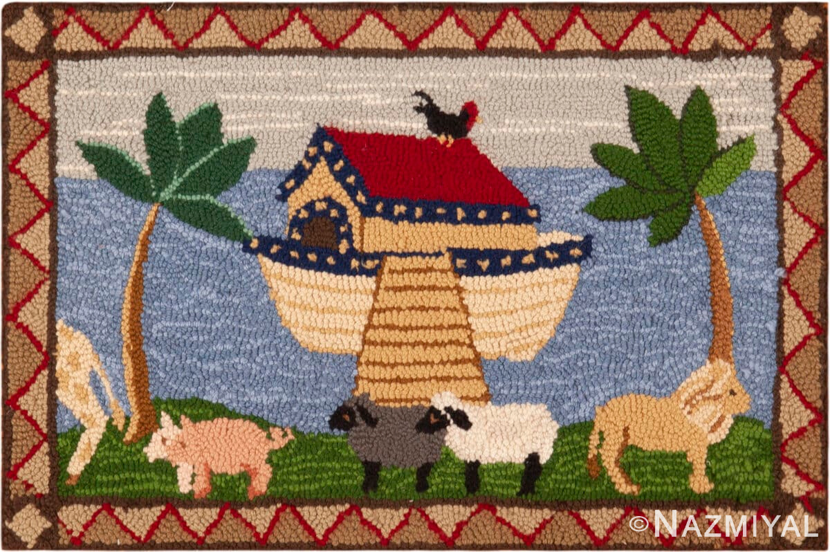 Antique American Folklore Hooked Rug Depicting Noah’s Ark and Animals 73618 by Nazmiyal Antique Rugs