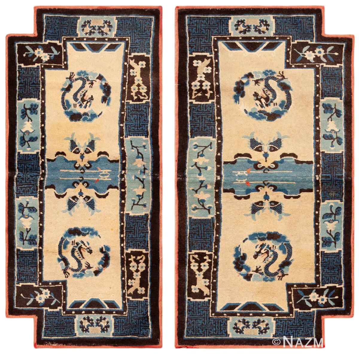 Pair of Antique Chinese Ningxia Pillar Rugs with Mirrored Dragon Motifs 73621 by Nazmiyal Antique Rugs