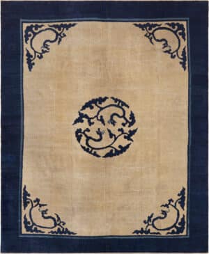 Antique Chinese Ningxia Rug with Minimalist Dragon Medallion 73588 by Nazmiyal Antique Rugs