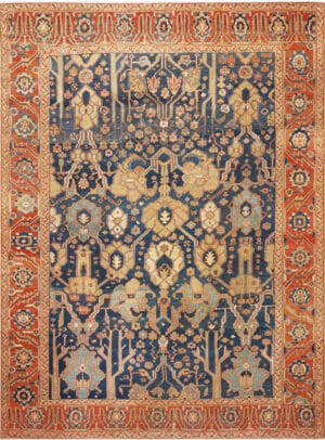 Majestic Lion Garden: Antique Persian Bakshaish Rug in Indigo and Flame 73575 by Nazmiyal Collection