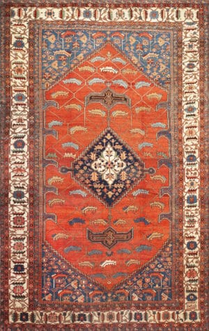 Geometric Fire: Antique Persian Serapi Rug with Cerulean Corners 73647 by Nazmiyal Collection