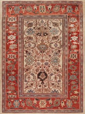 Antique Persian Sultanabad Rug Ivory Field with Coral Red Border 73615 by Nazmiyal Antique Collection