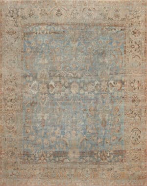 Weathered Grace: Antique Persian Sultanabad Wool Rug in Sky and Clay 73664 by Nazmiyal Collection
