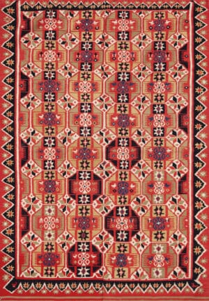 Antique Scandinavian Geometric Tapestry Bold Red & Blue Folk Art Textile 73652 by Nazmiyal Antique Collection