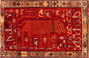 Roaring Geometry: Vintage Tribal Lion Rug in Fiery Red 73656 by Nazmiyal Antique Collection