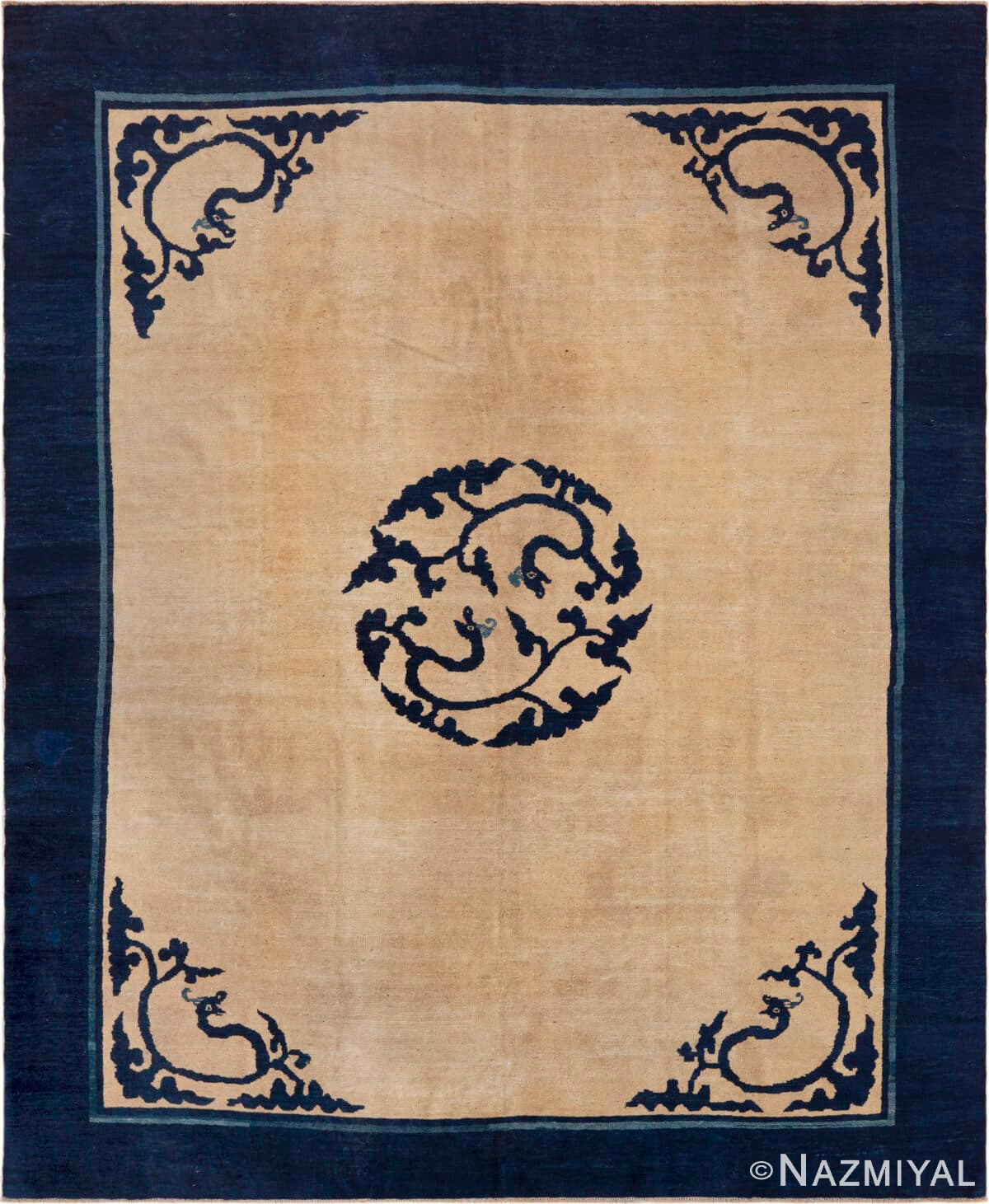 Antique Chinese Ningxia Rug with Minimalist Dragon Medallion 73588 by Nazmiyal Antique Rugs