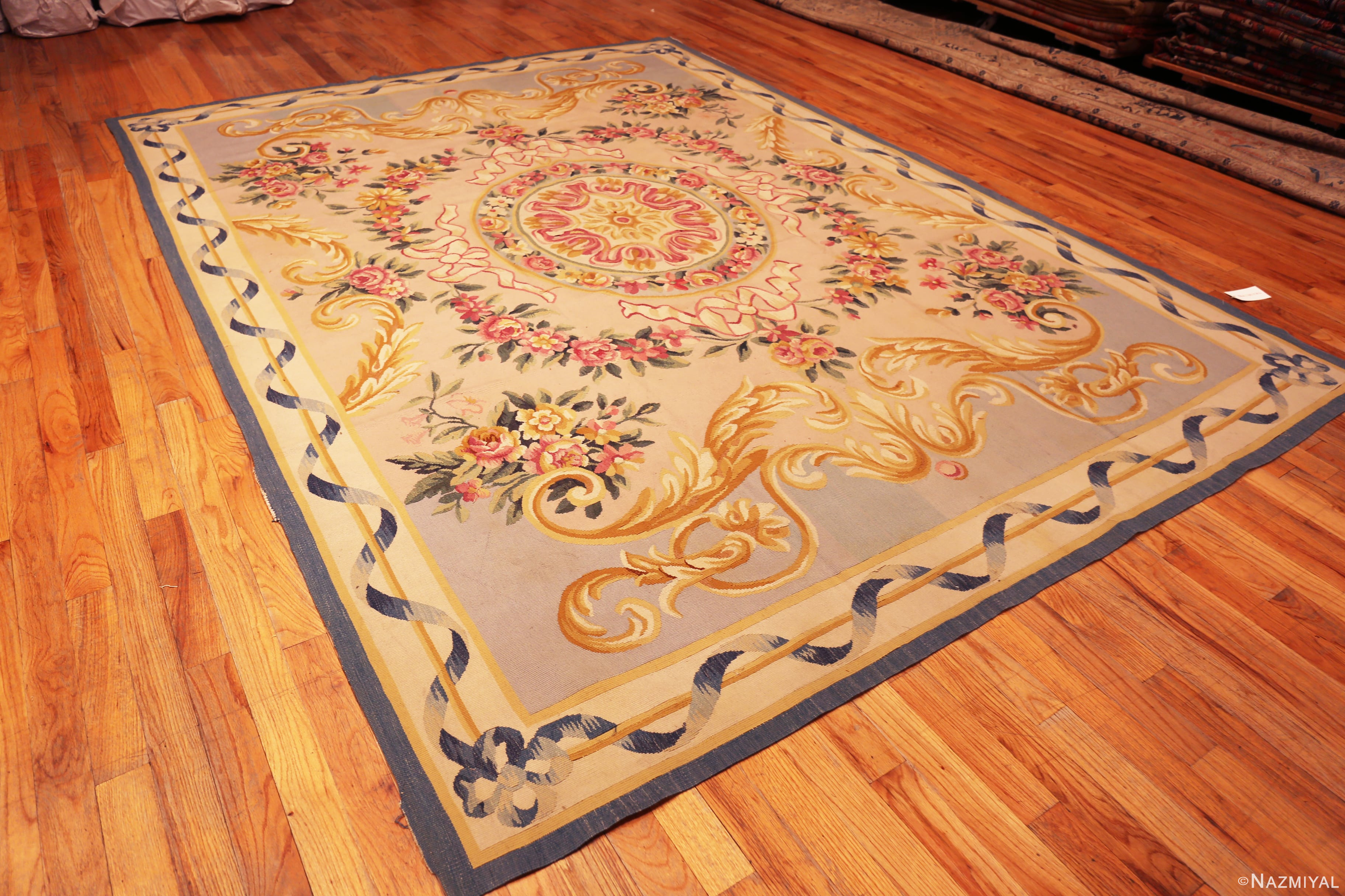 Antique French Aubusson Rug with Rococo Floral Wreaths