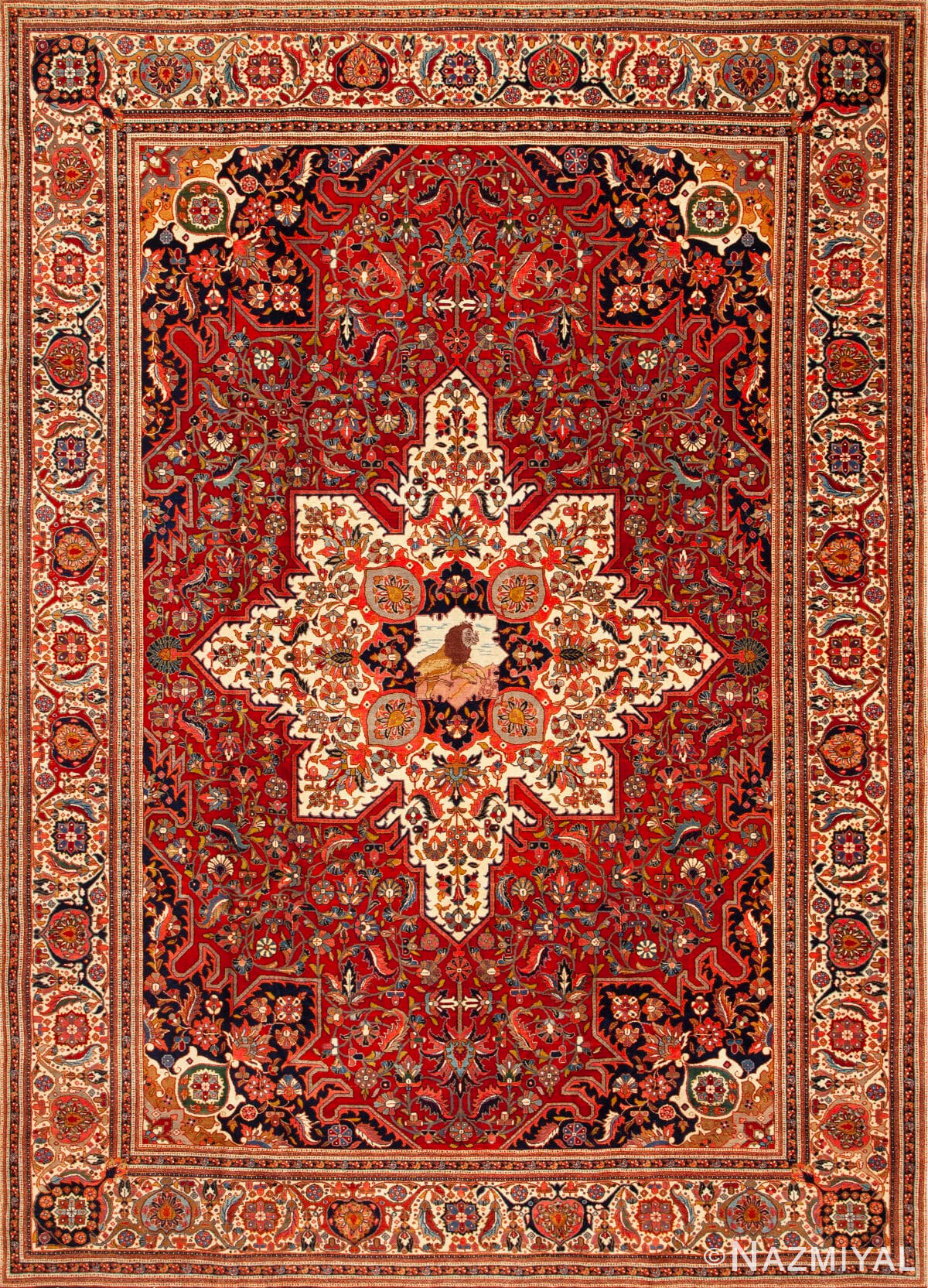Majestic Lion Garden Antique Heriz Rug with Pictorial Medallion 73668 by Nazmiyal Collection
