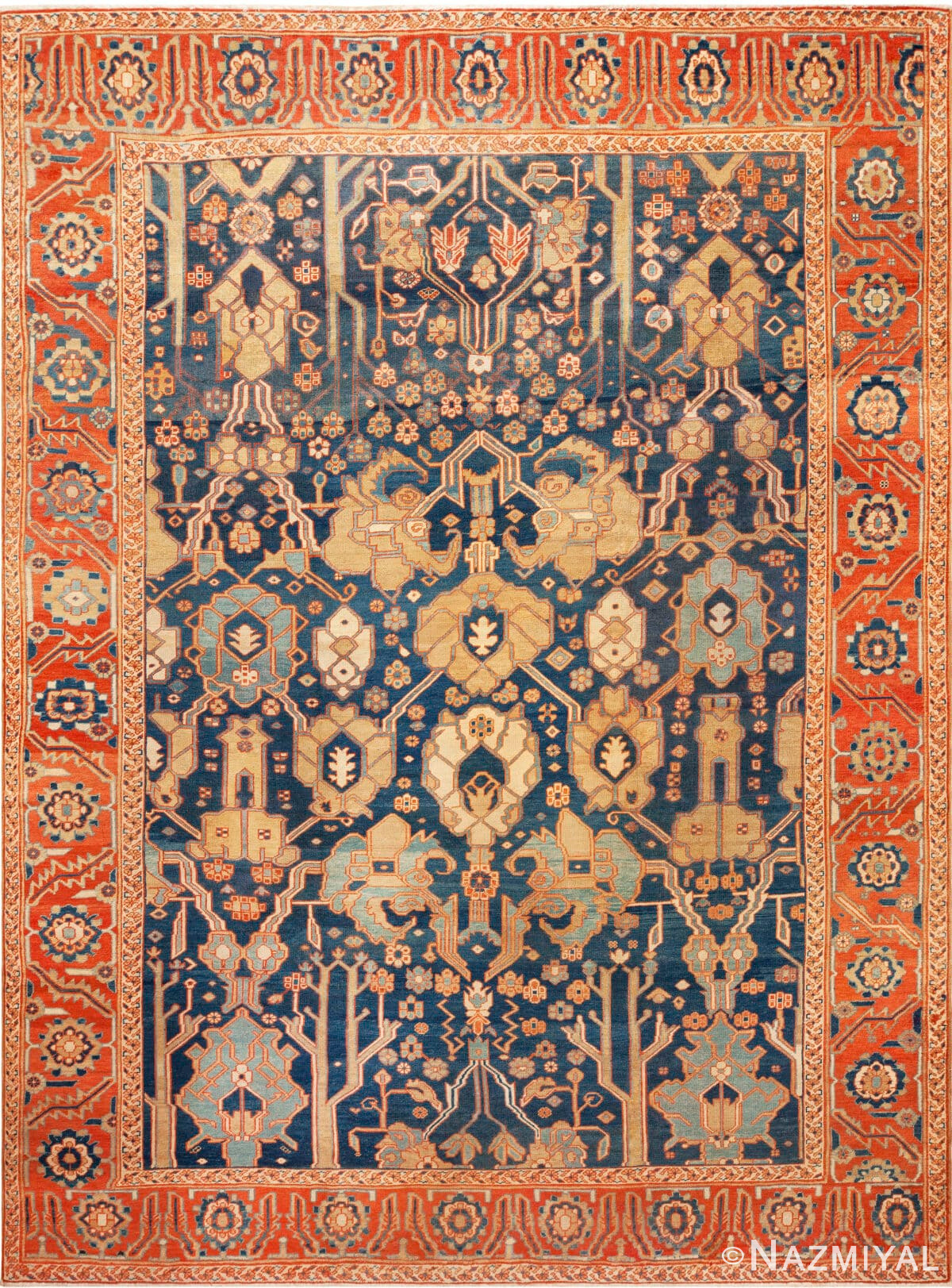 Majestic Lion Garden: Antique Persian Bakshaish Rug in Indigo and Flame 73575 by Nazmiyal Collection