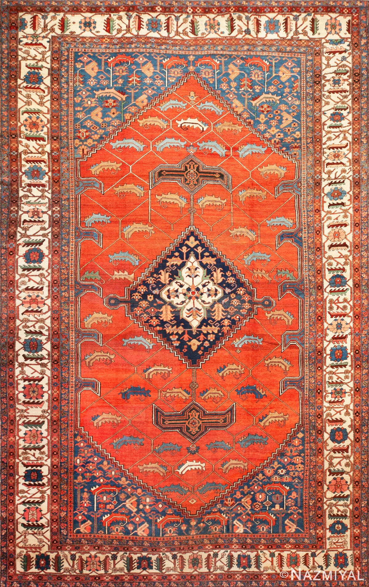 Geometric Fire: Antique Persian Serapi Rug with Cerulean Corners 73647 by Nazmiyal Collection